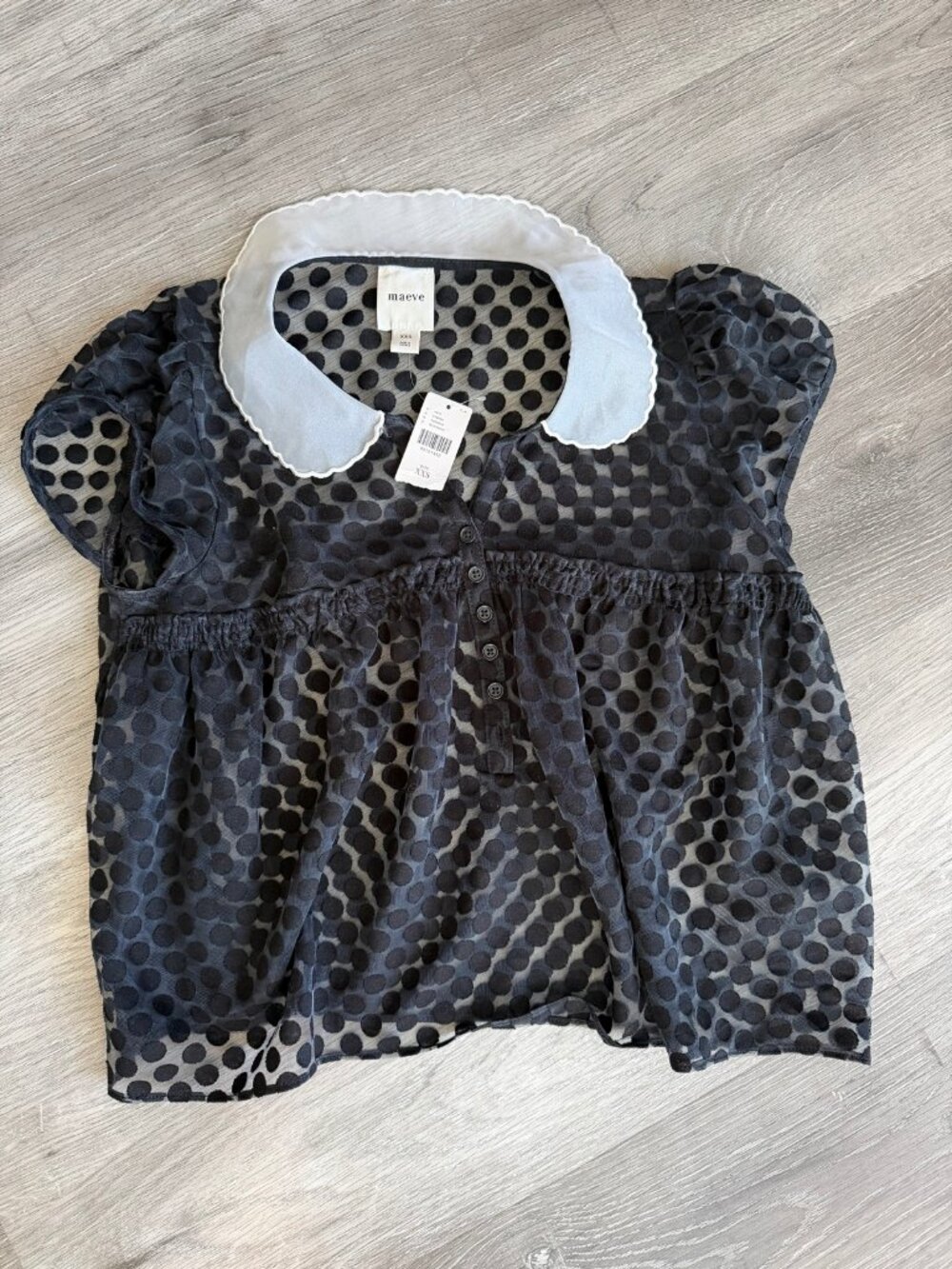 Maeve Black Polka Dot Mesh Blouse White Scalloped Collar | XXS